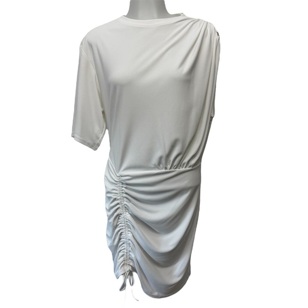 Zara Ruched Front One Sleeve White Dress Size Medium